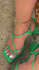 Green block mid heel on model