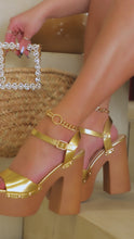 Load and play video in Gallery viewer, Gold platform block heels on model video
