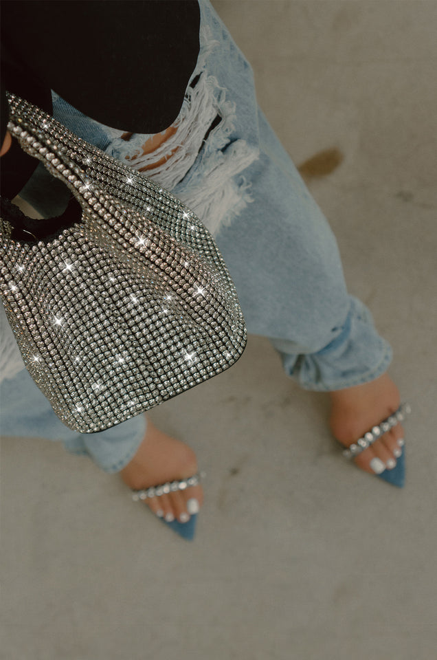 Load image into Gallery viewer, rhinestone bag with denim jeans and denim heels with stones 
