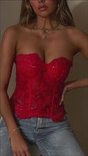 Load and play video in Gallery viewer, beaded sequence lace red corset top on model

