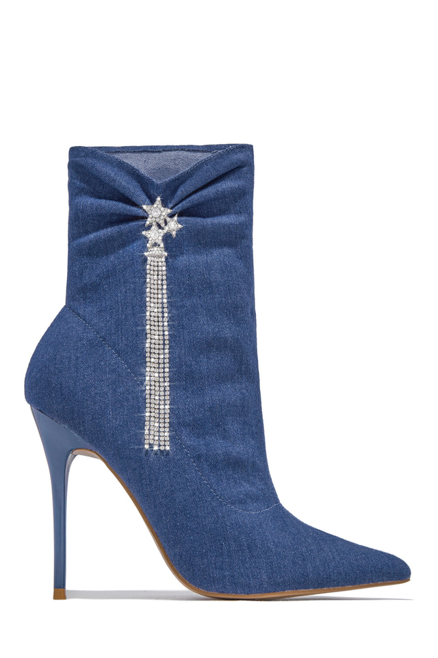 Load image into Gallery viewer, Denim Pointed Toe Embellished Bootie
