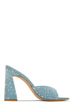 Load image into Gallery viewer, stunning denim heel with rhinestones. perfect for your spring and summer outfits.
