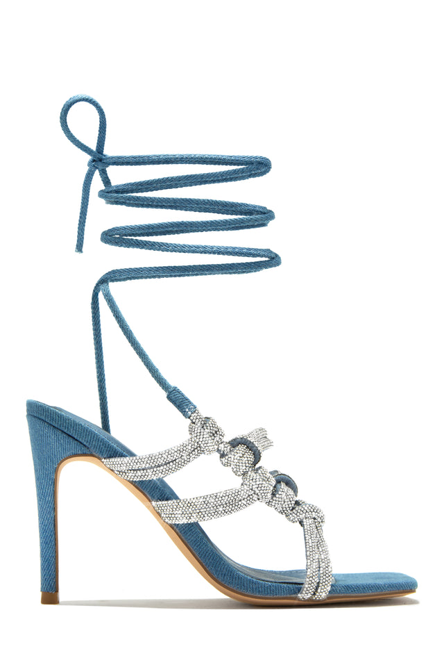 Load image into Gallery viewer, Lace Up Embellished Denim Heels
