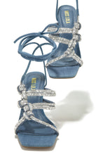 Load image into Gallery viewer, Denim Lace Up Rhinestone Heels
