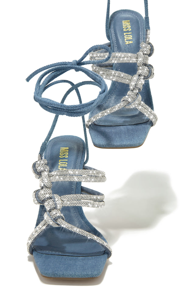Load image into Gallery viewer, Denim Lace Up Rhinestone Heels

