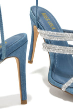 Load image into Gallery viewer, Blue Denim Lace Up Single Sole Rhinestone Heels
