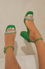 Load image into Gallery viewer, Women Wearing Green Embellished Chunky Heels
