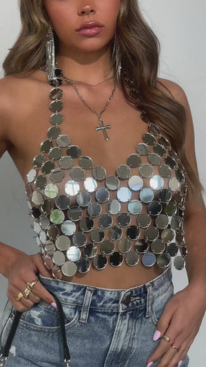 Silver mirror embellished top on model