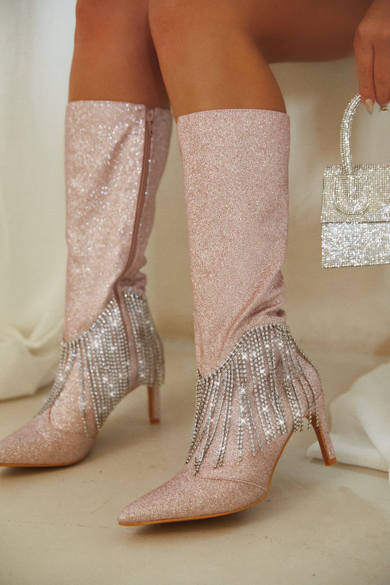 Rose gold knee high boots deals