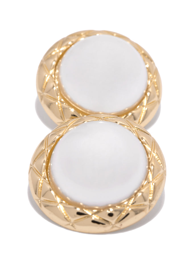 Load image into Gallery viewer, Gold Tone Faux Pearl Earrings With Embossed Detail 
