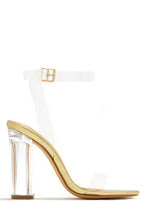 Load image into Gallery viewer, Big Reveal Clear Strap Block High Heels - Gold
