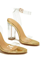 Load image into Gallery viewer, Big Reveal Clear Strap Block High Heels - Gold
