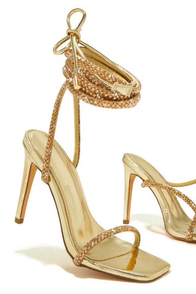 Load image into Gallery viewer, Gold-Tone Embellished Lace Up Single Sole Heels
