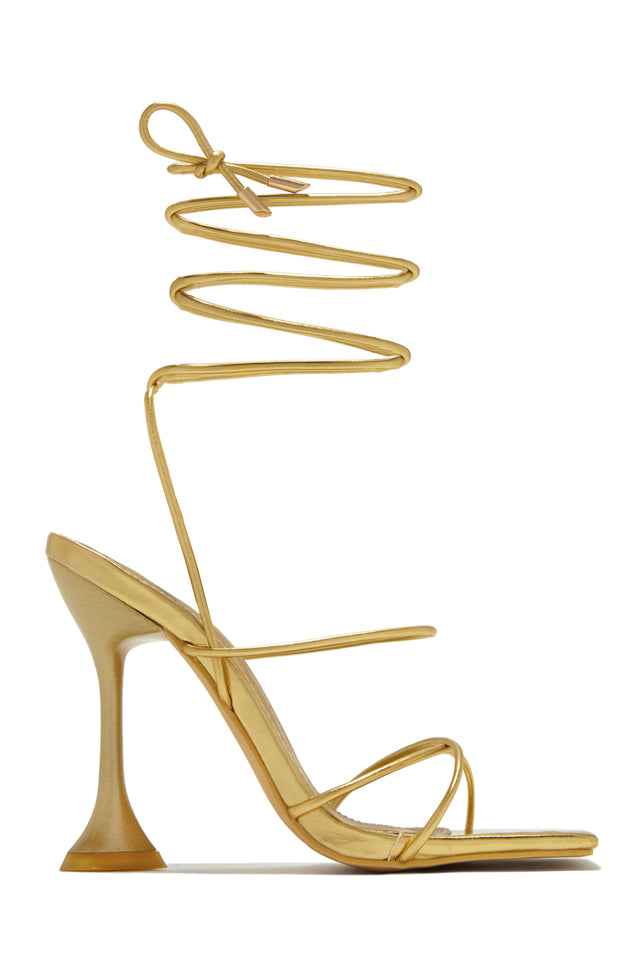 Load image into Gallery viewer, Gold-Tone Lace Up Heart Heel Cap Heels
