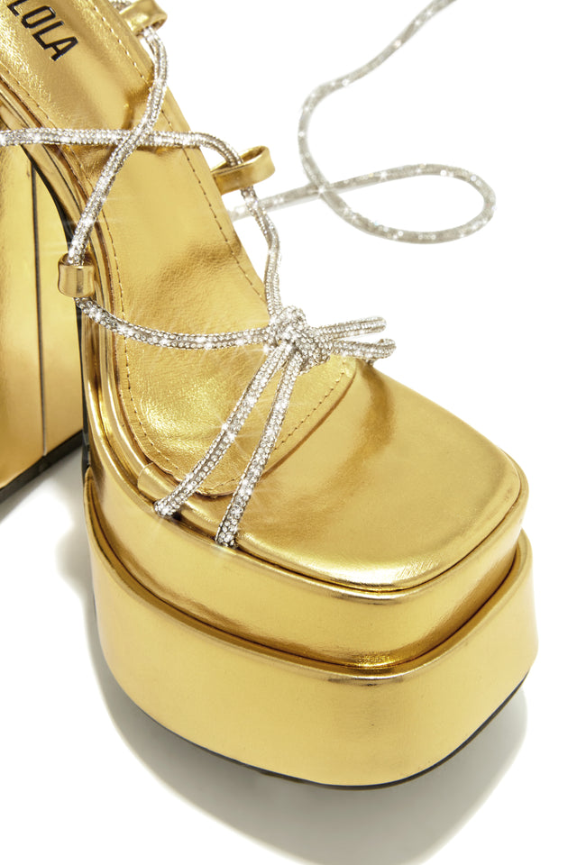 Load image into Gallery viewer, Sweet Temptation Embellished Lace Up Platform Heels - Gold
