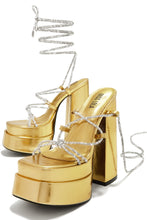 Load image into Gallery viewer, Sweet Temptation Embellished Lace Up Platform Heels - Gold
