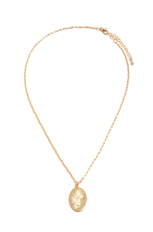 Load image into Gallery viewer, Gold Dipped Brass Necklace with Embellished Cross Pendant
