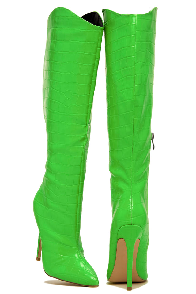 Load image into Gallery viewer, Green Pointy Knee High Boots
