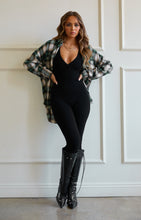 Load image into Gallery viewer, Black Jumpsuit Styled with Plaid Flannel and Boots
