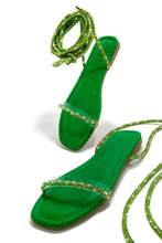 Load image into Gallery viewer, Green Lace Up Sandals with Rhinestone Straps
