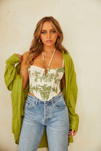 Load image into Gallery viewer, Model Wearing Corset Top with Woven Button Up Top
