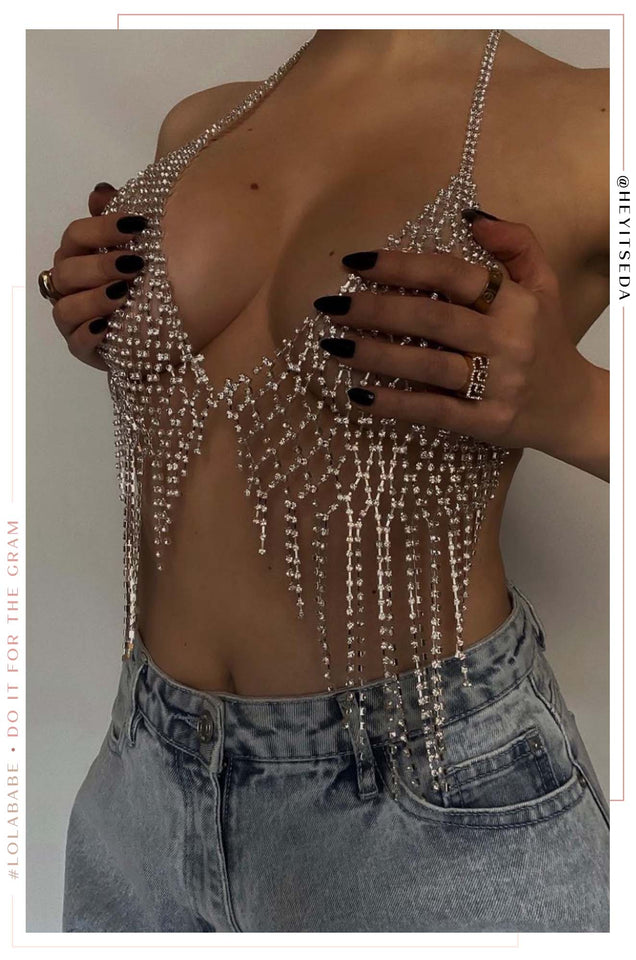 Load image into Gallery viewer, Aliah Embellished Fringe Bra Top - Silver
