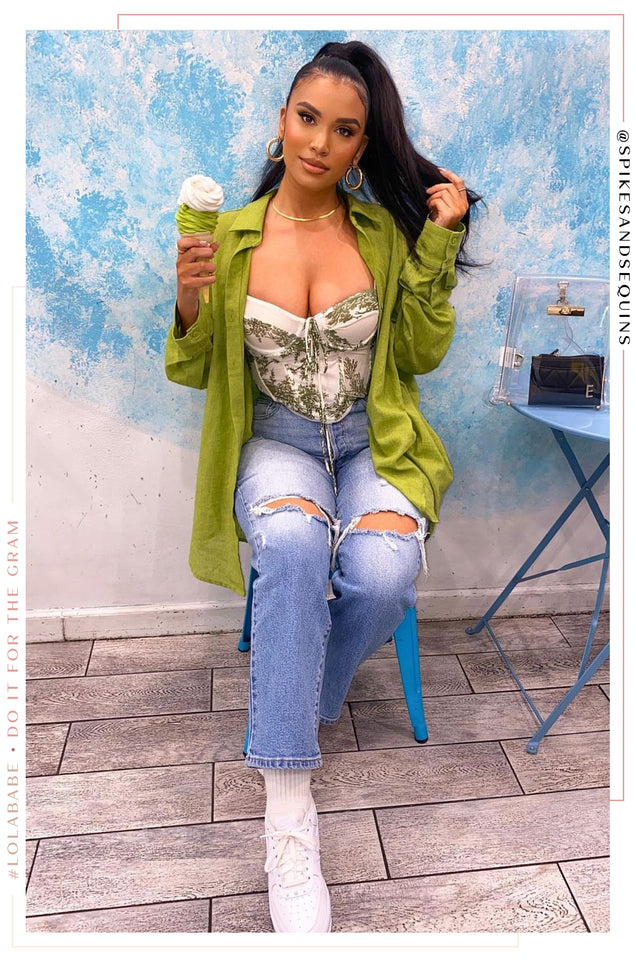 Load image into Gallery viewer, Girl Sitting Wearing Lime Green Button Up
