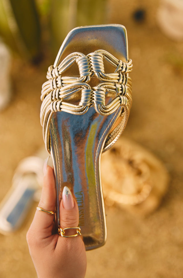 Load image into Gallery viewer, Gold-Tone Slide Sandals
