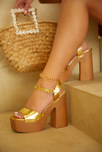 Load image into Gallery viewer, Women Wearing Gold-Tone Platform Chunky Heels

