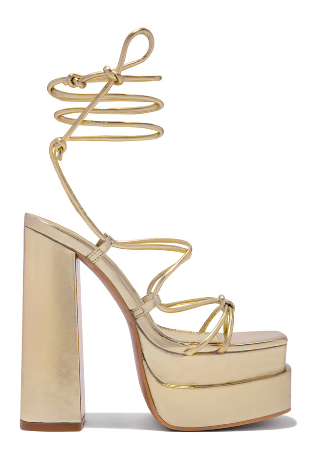 Load image into Gallery viewer, Gold Lace Up Platform Block Heels
