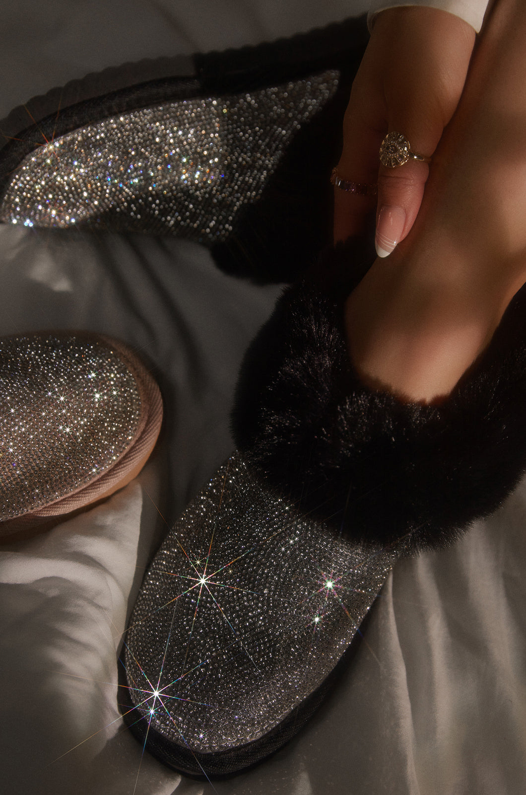 Black Embellished Faux Fur Slippers