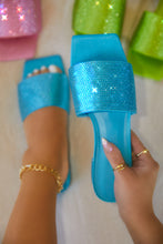 Load image into Gallery viewer, Women Holding Blue Embellished Slide Sandals
