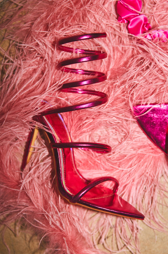 Load image into Gallery viewer, Pink Metallic Heel Sitting On Pink Fur 
