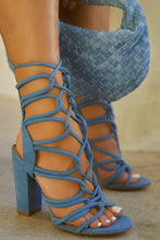 Load image into Gallery viewer, Women Wearing Blue Strappy Heels

