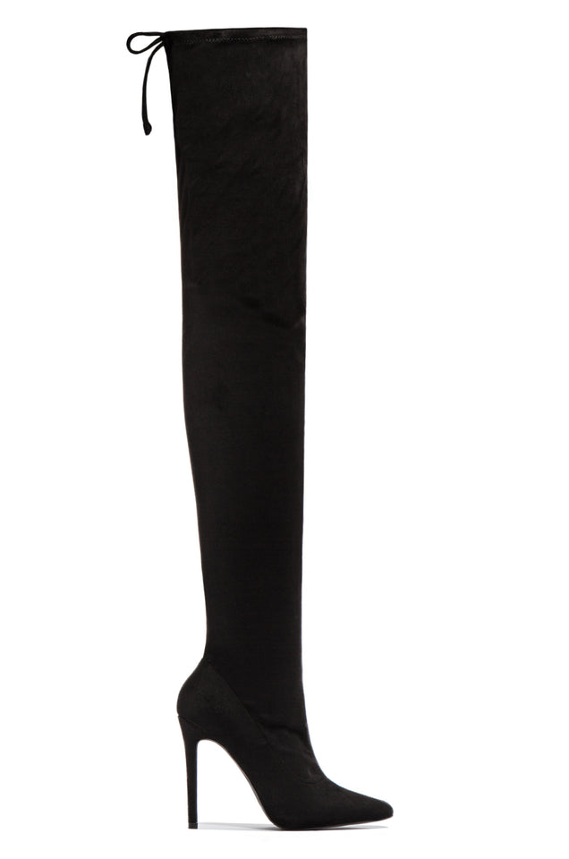 Load image into Gallery viewer, Black over the knee high heel boot  with back tie 
