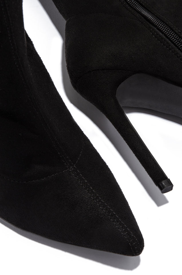 Load image into Gallery viewer, Black over the knee high heel boot with lower side zipper and back tie
