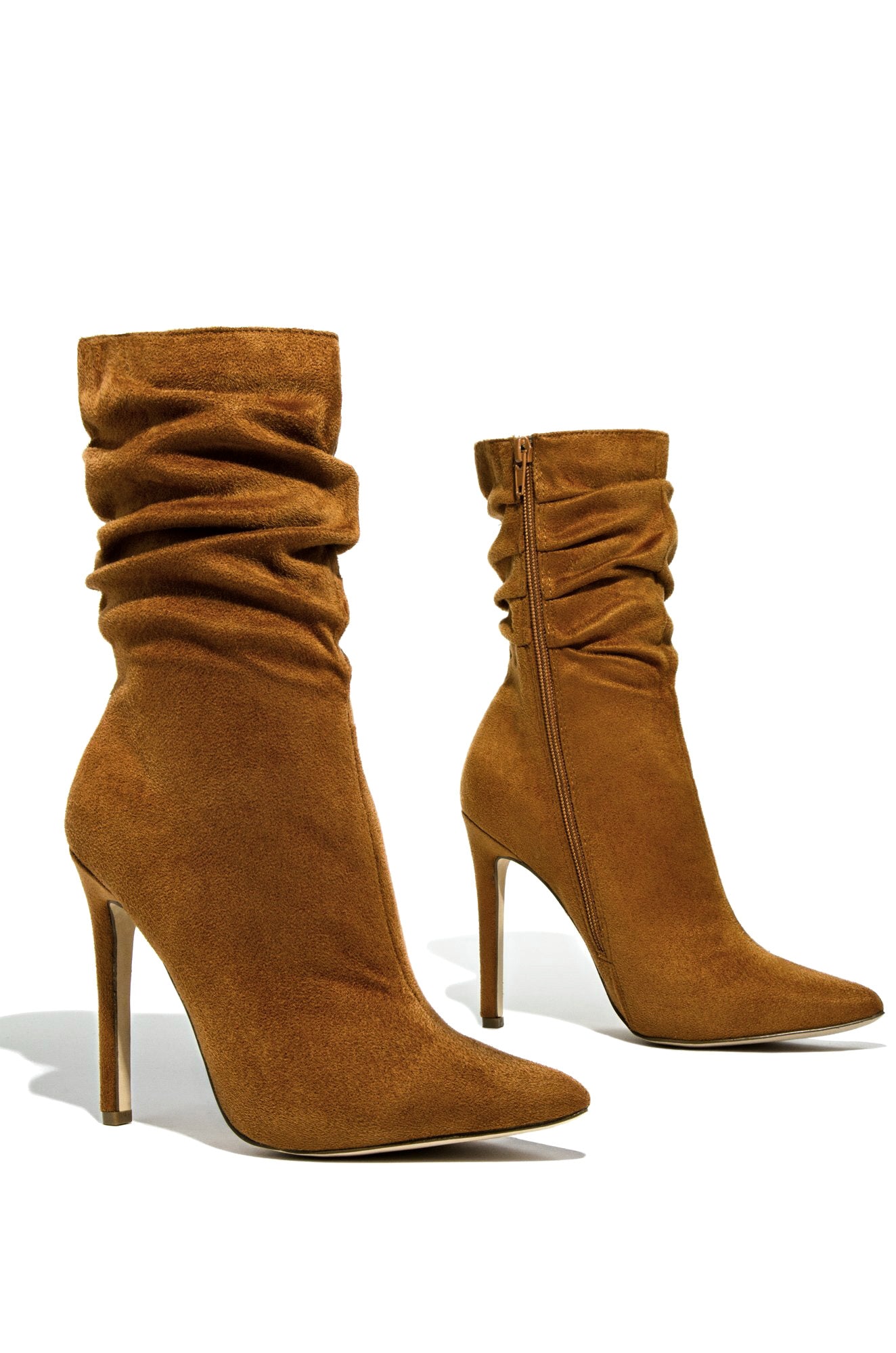 Miss Lola | Tan Ruched Detailed Ankle Heel Boots – MISS LOLA