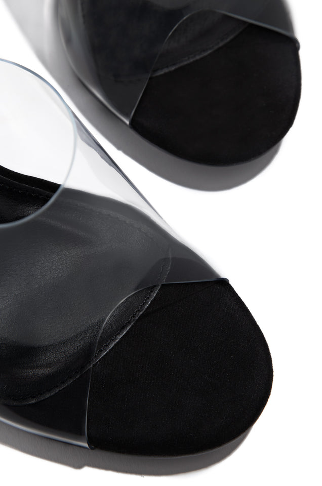 Load image into Gallery viewer, Above Status Clear Strap Block High Heel Mules - Black
