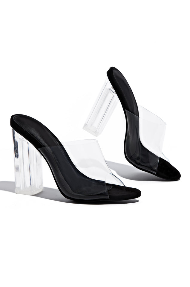 Load image into Gallery viewer, Above Status Clear Strap Block High Heel Mules - Black
