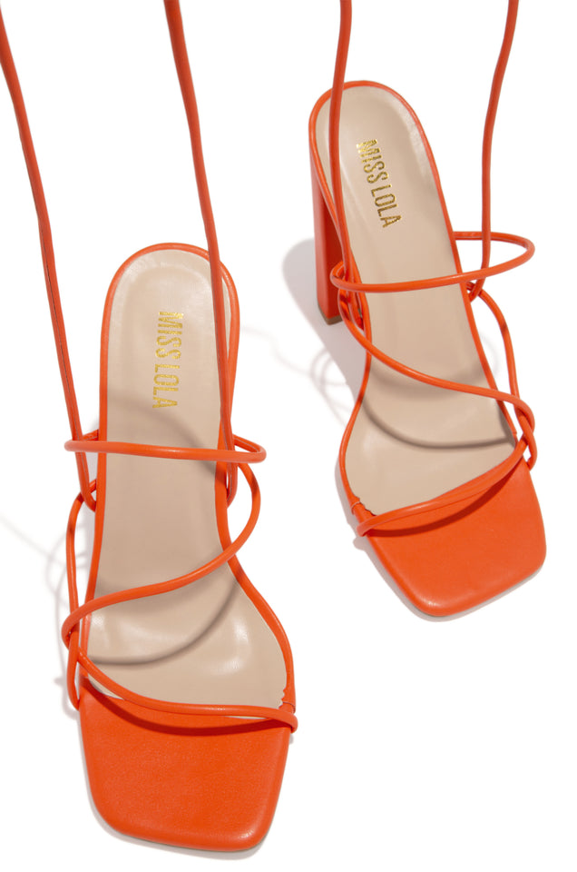 Load image into Gallery viewer, orange strappy block heel 
