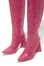 Load image into Gallery viewer, pink croc pull on zip closure chunky heel boot 

