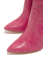 Load image into Gallery viewer, pink embossed croc triangle shaped heel boot 
