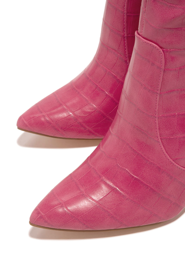 Load image into Gallery viewer, pink embossed croc triangle shaped heel boot 
