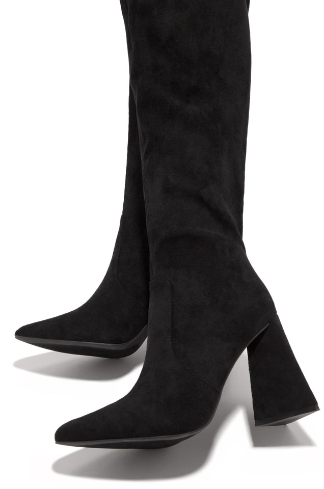Load image into Gallery viewer, black faux suede pull on triangle shaped heel boot 
