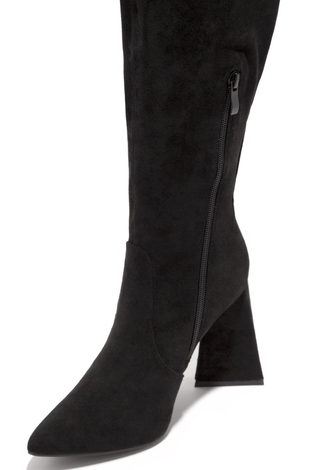 Caryn Black Suede Knee High Heeled Boots | Public Desire