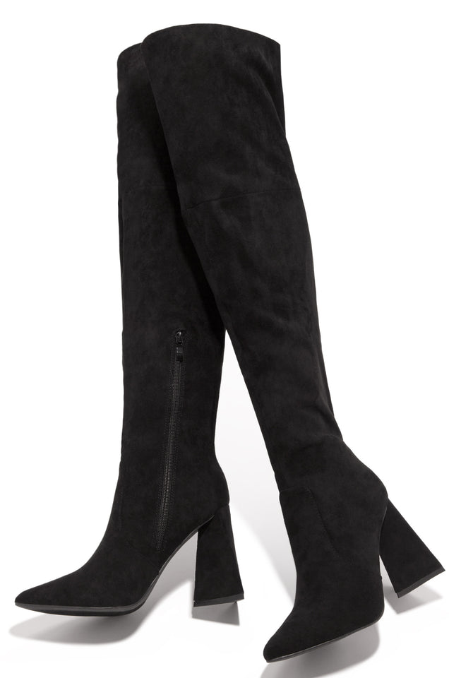 Load image into Gallery viewer, black faux suede pointed to pull on zip closure boot 
