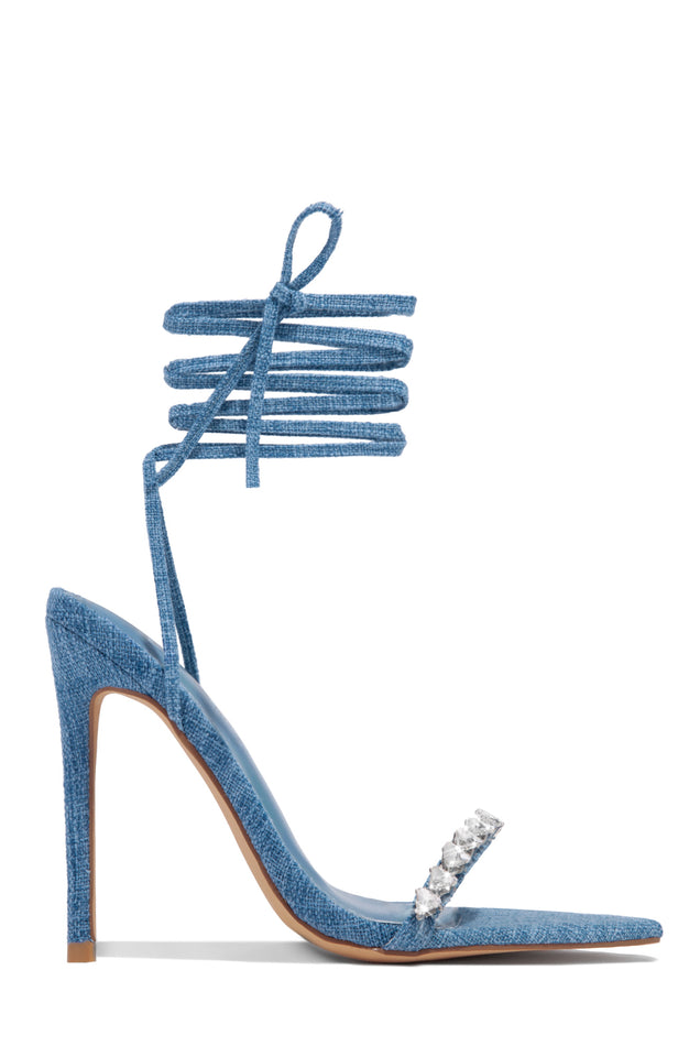 Miss Lola Denim Embellished Lace Up High Heels MISS LOLA