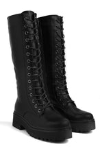 Load image into Gallery viewer, black lace up fax leather boot 
