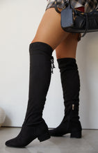 Load image into Gallery viewer, Model Wearing Black Knee High Boots
