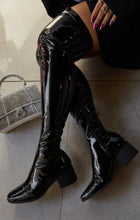Load image into Gallery viewer, Model Wearing Patent Over The Knee Boots 
